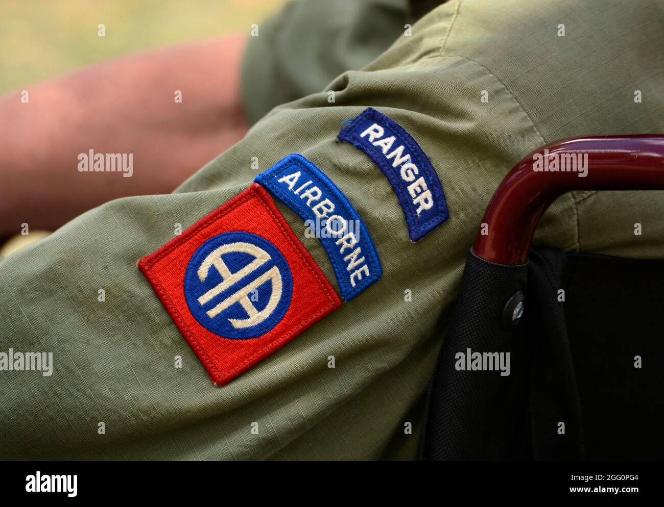 A U.S. Army veteran wears an 82nd Airborne patch and Army Ranger arm patch in Santa Fe, New Mexico. Stock Photo