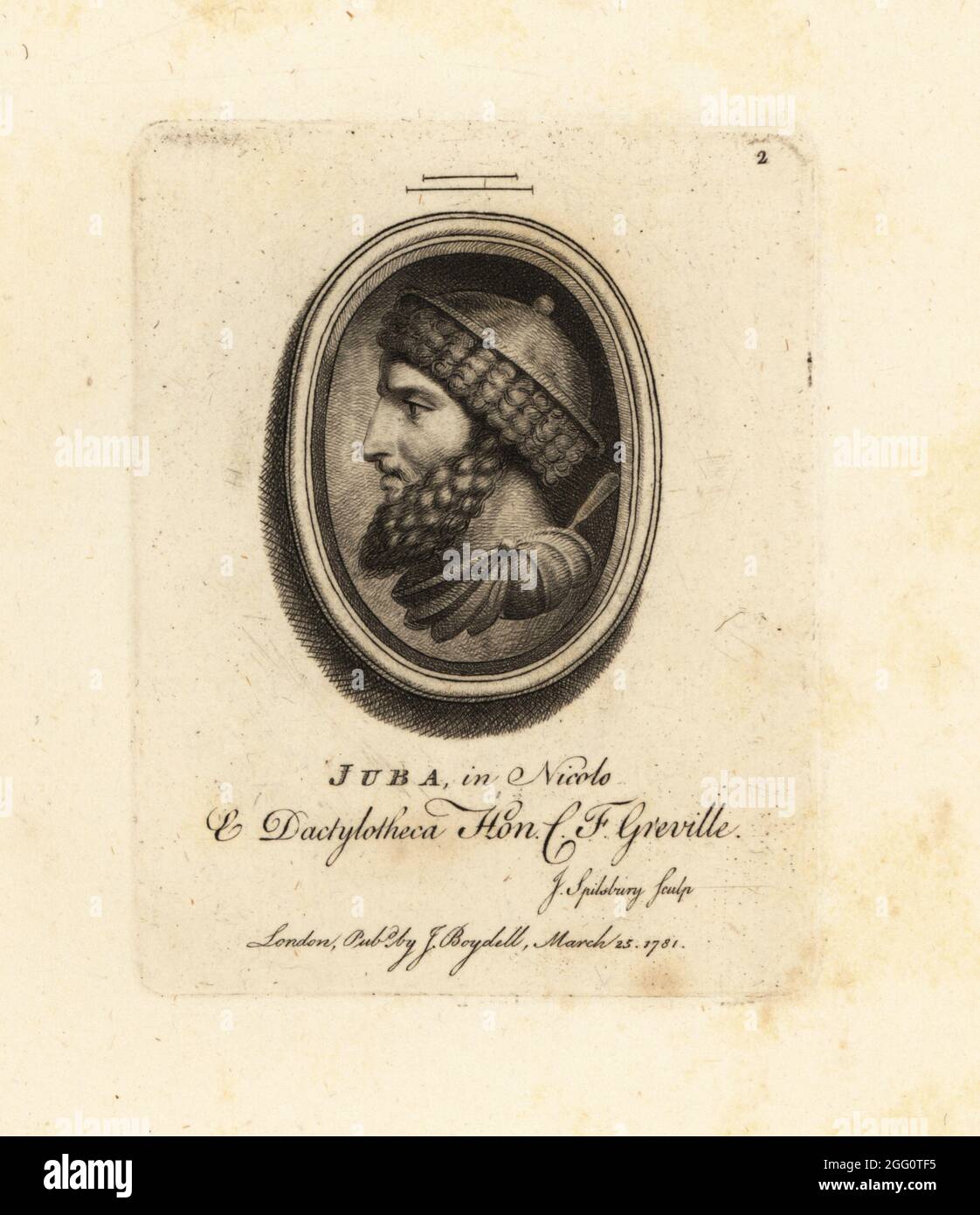 Portrait in profile of King Juba I of Numidia, c. 85–46 BC. Juba in Nicolo & Dactylotheca. From the collection of the antiquarian Charles Francis Greville. Mezzotint copperplate engraving by John Spilsbury from his Collection of Fifty Prints from Antique Gems, John Boydell, London, 1785. Stock Photo