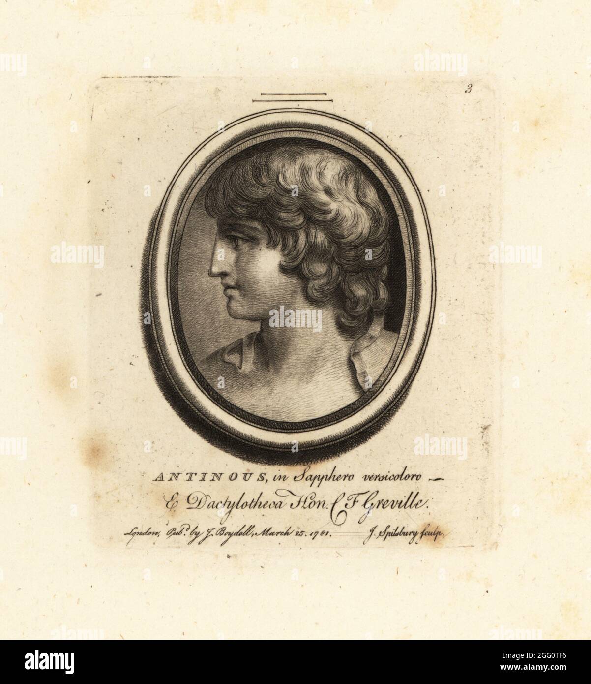 Portrait of Antinous in multicolour sapphire. Bithynian Greek youth and favourite of Roman emperor Hadrian. Antinous in Sapphero versicoloro & dactylotheca. From the collection of the antiquarian Charles Francis Greville. Mezzotint copperplate engraving by John Spilsbury from his Collection of Fifty Prints from Antique Gems, John Boydell, London, 1785. Stock Photo