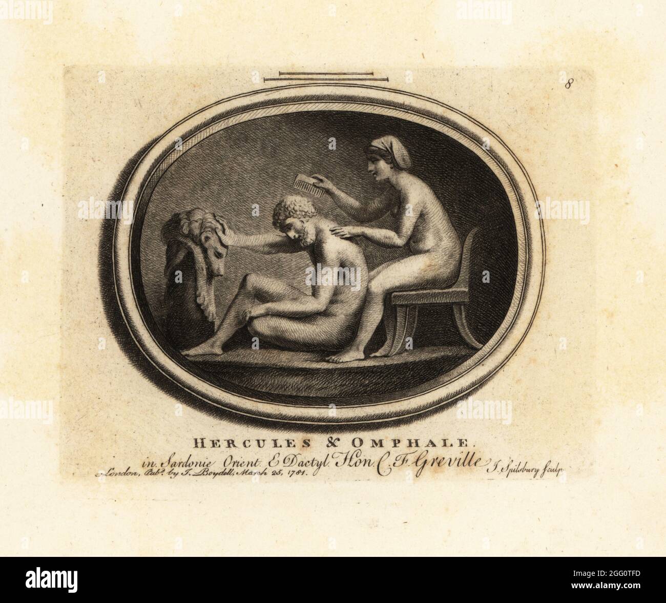 Omphale, Queen of Ludia, combing Greek hero Hercules' hair. He reaches out for the skin of the Nemean lion. On sardonyx and dactylotheca from the collection of  the antiquarian Charles Francis Greville. Hercules and Omphale in Sardonie Orient & Dactyl. Mezzotint copperplate engraving by John Spilsbury from his Collection of Fifty Prints from Antique Gems, John Boydell, London, 1785. Stock Photo