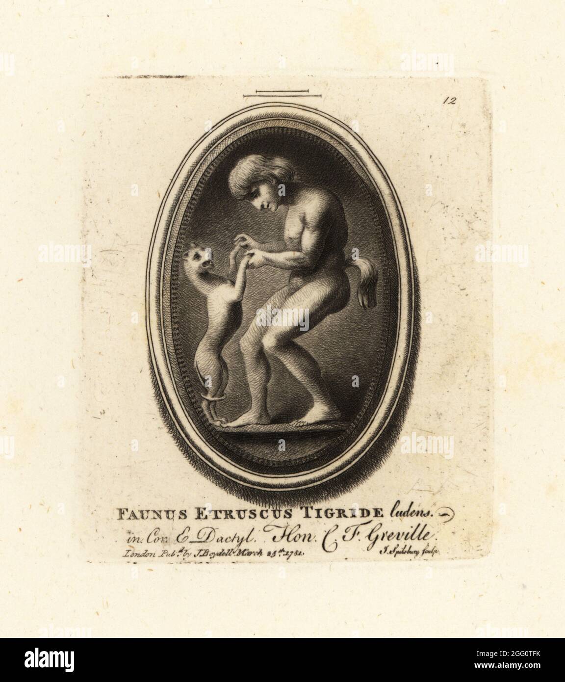 Etruscan faun playing with a tiger. In cornelian and dactylotheca. From the collection of the antiquarian Charles Francis Greville. Faunus Etruscus Tigride ludens in Cor. & Dactyl. Mezzotint copperplate engraving by John Spilsbury from his Collection of Fifty Prints from Antique Gems, John Boydell, London, 1785. Stock Photo