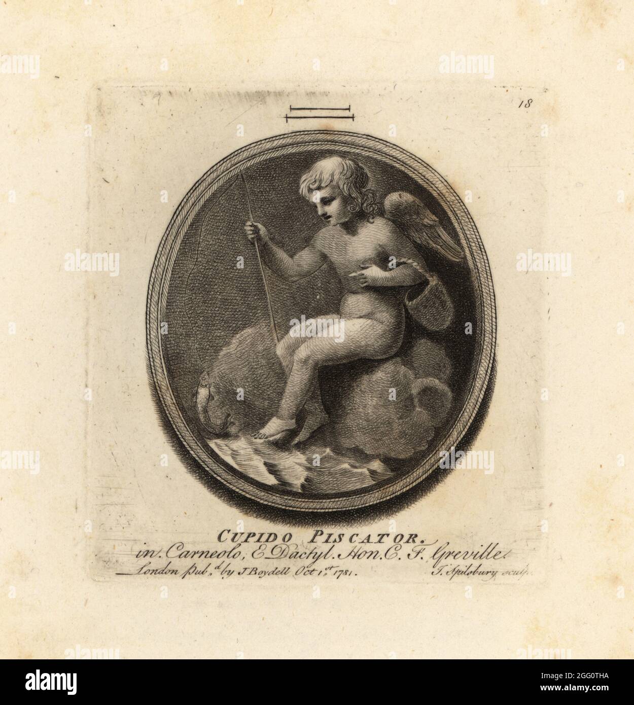 Cupid fishing with a rod and basket on the shoreline. Cupido Piscator. In carnelian and dactylotheca. From the collection of the antiquarian Charles Francis Greville. Mezzotint copperplate engraving by John Spilsbury from his Collection of Fifty Prints from Antique Gems, John Boydell, London, 1785. Stock Photo