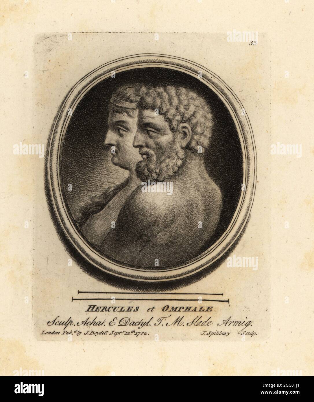 Greek hero Hercules and Omphale, Queen of Lydia. Engraved on agate and dactylotheca from the collection of the art dealer Thomas Moore Slade. Mezzotint copperplate engraving by John Spilsbury from his Collection of Fifty Prints from Antique Gems, John Boydell, London, 1785. Stock Photo