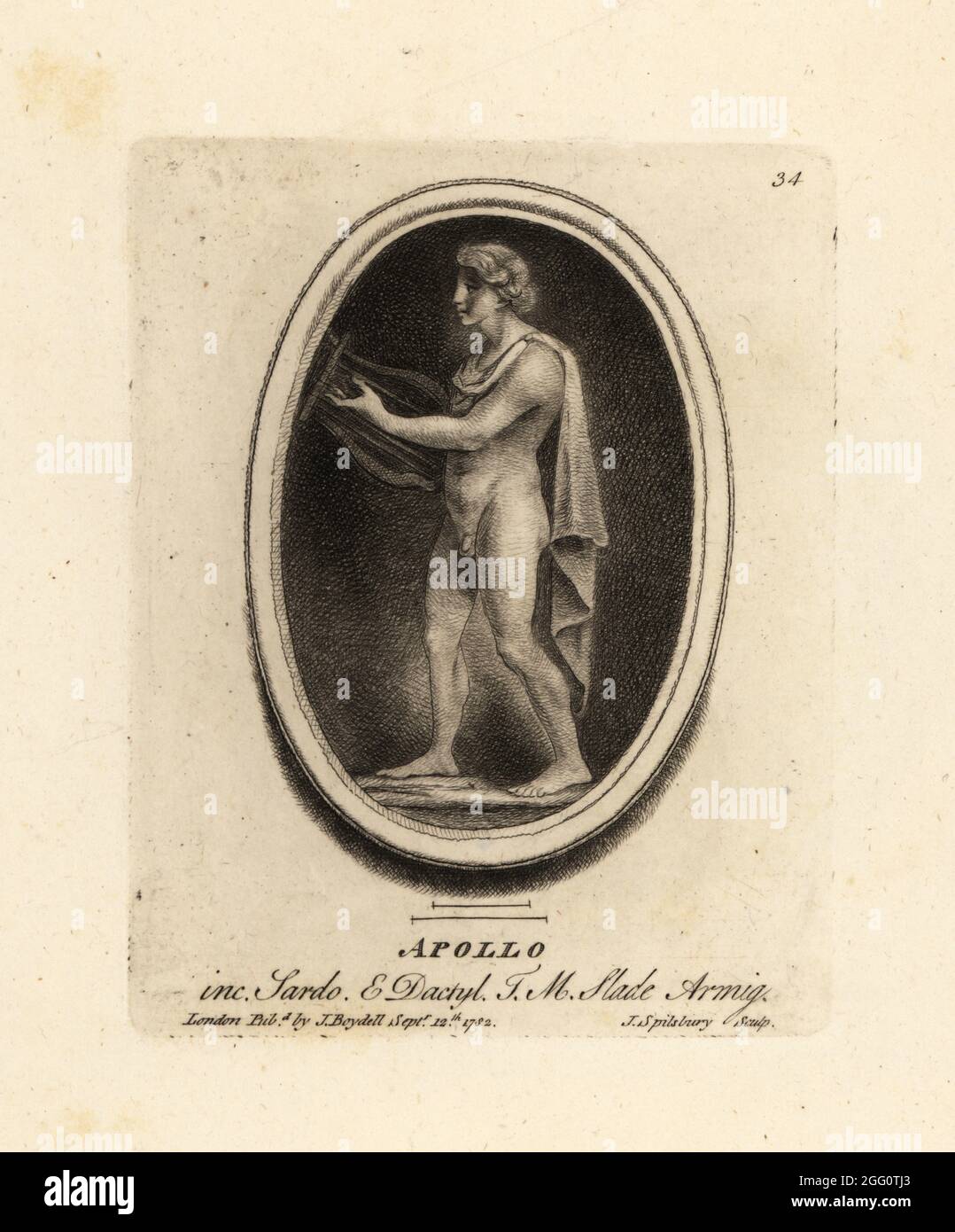 Figure of Apollo, Greek and Roman god of archery, music, dance, truth and poetry. Holding a lyre. Engraved on sardonyx and dactylotheca from the collection of the art dealer Thomas Moore Slade. Mezzotint copperplate engraving by John Spilsbury from his Collection of Fifty Prints from Antique Gems, John Boydell, London, 1785. Stock Photo
