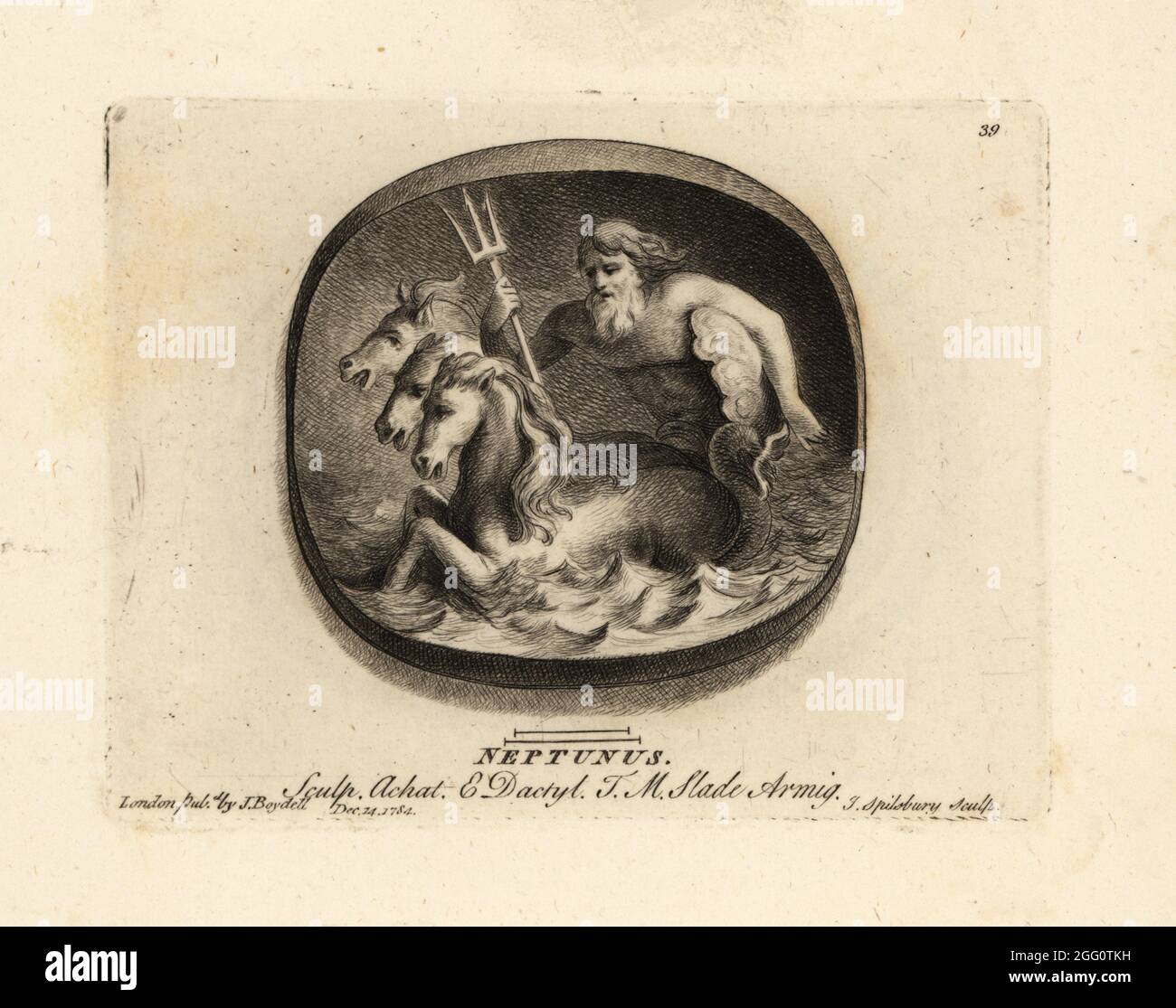 Neptune, Roman god of rivers and the sea, holding a trident and riding ...