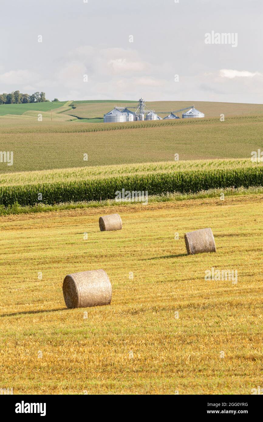 La Motte, Iowa.  Hay Bales and Farmland. Stock Photo