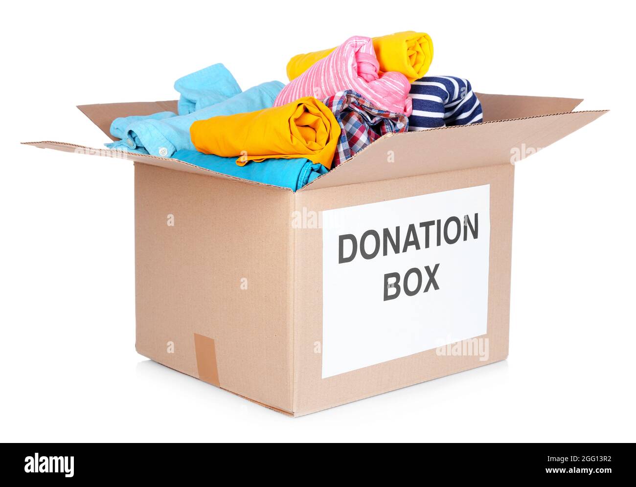 Donation box with clothes isolated on white Stock Photo Alamy