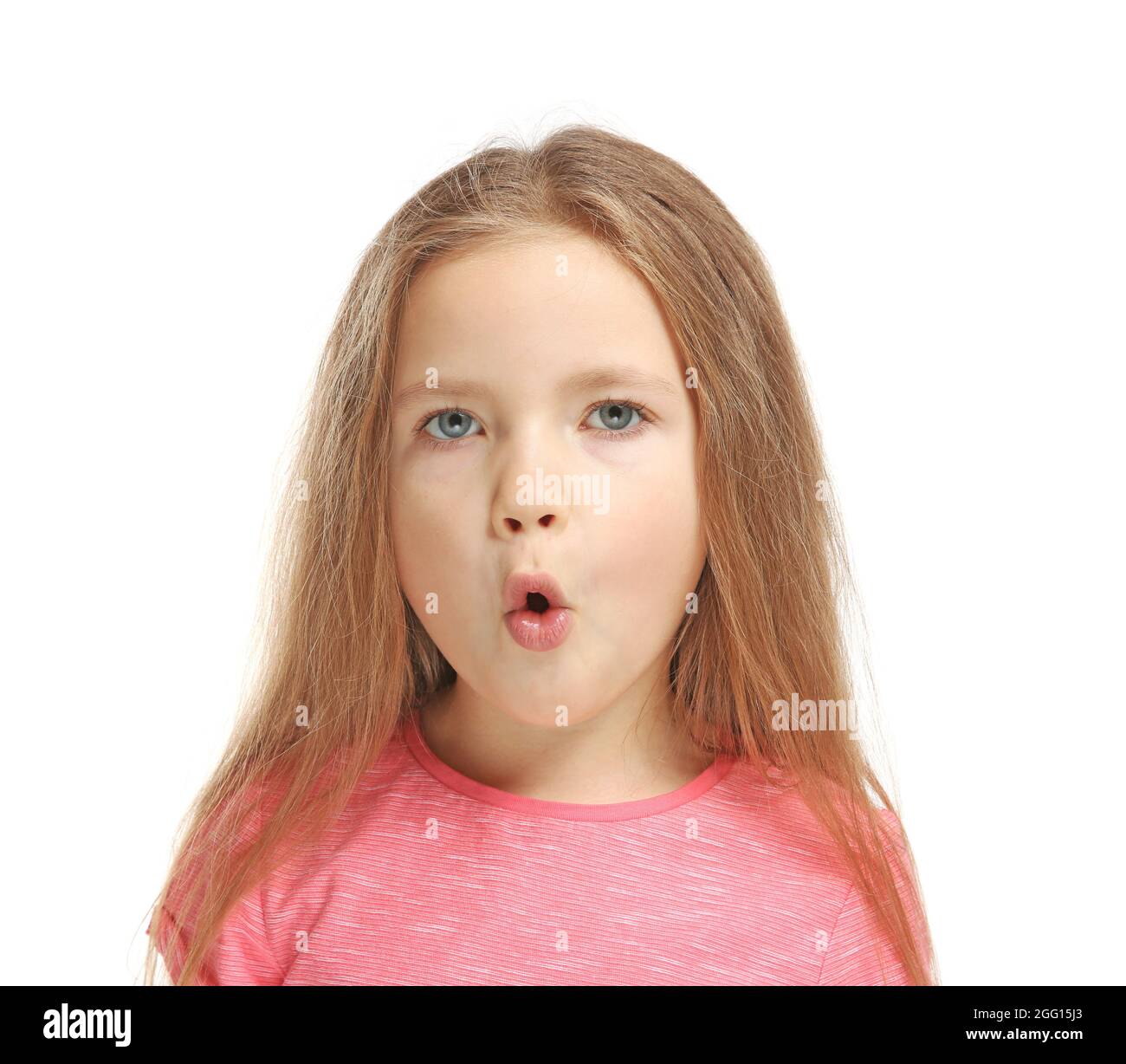Little girl training pronounce letters on white background Stock Photo -  Alamy