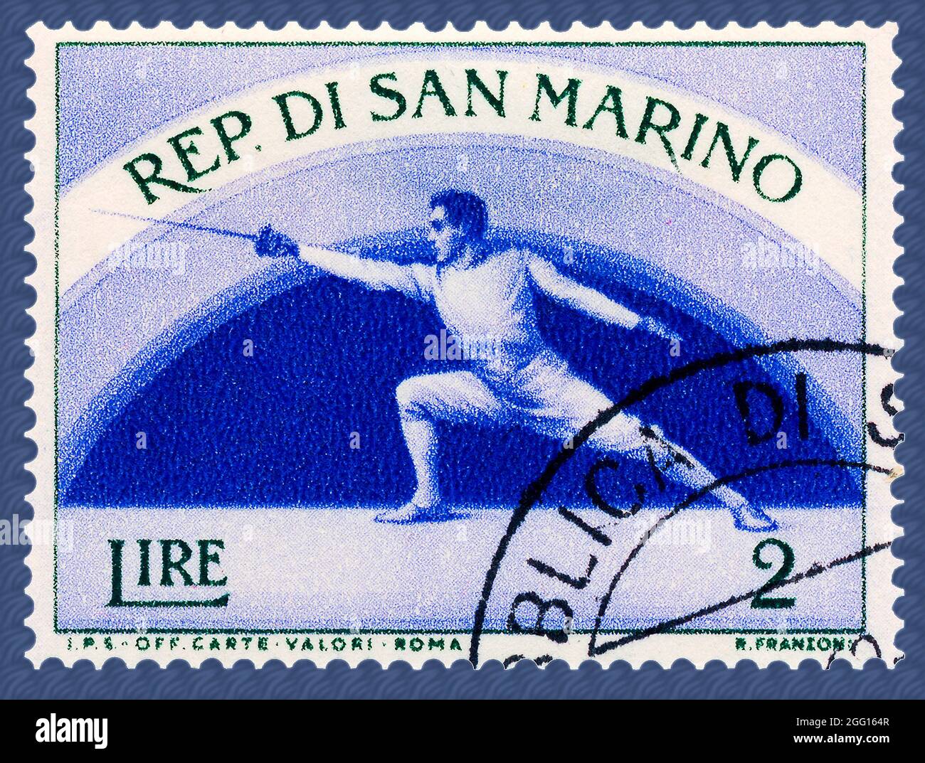 Fencing on San Marino Stamp issued in 1954 Stock Photo
