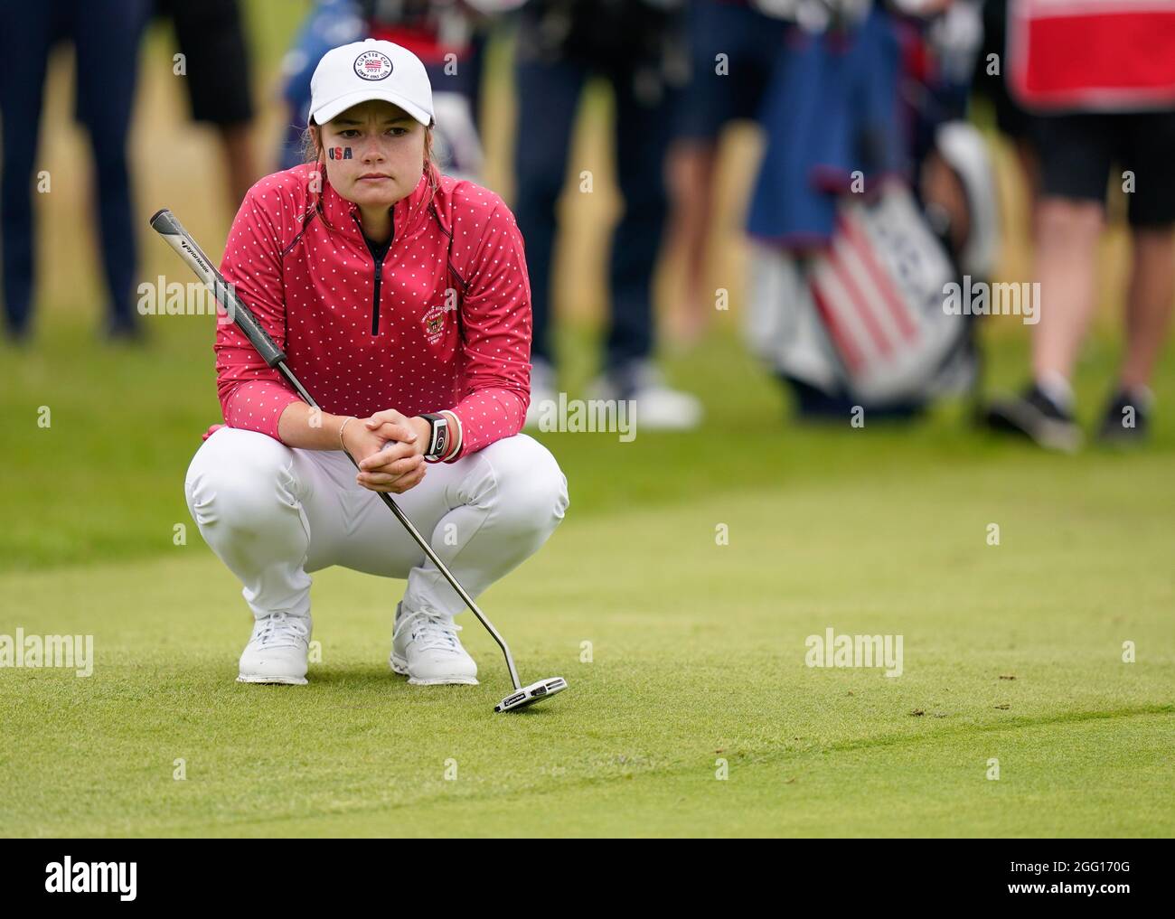 Team USA's Brooke Matthews lines up a putt during the 2021 Curtis Cup Day 1 - Morning Foursomes at Conwy Golf Club, Conwy, Wales on 26/8/21 . (Steve F Stock Photo