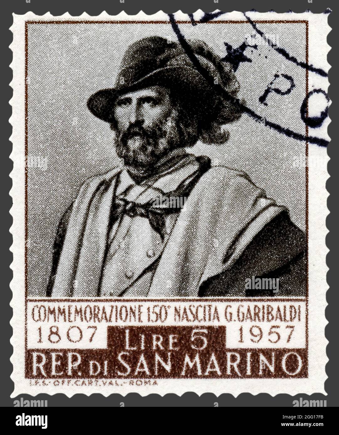 San Marino postage stamp depicting well dressed Italian hero Giuseppe Garibaldi wearing a feathered hat with a black ostrich feather. Stock Photo