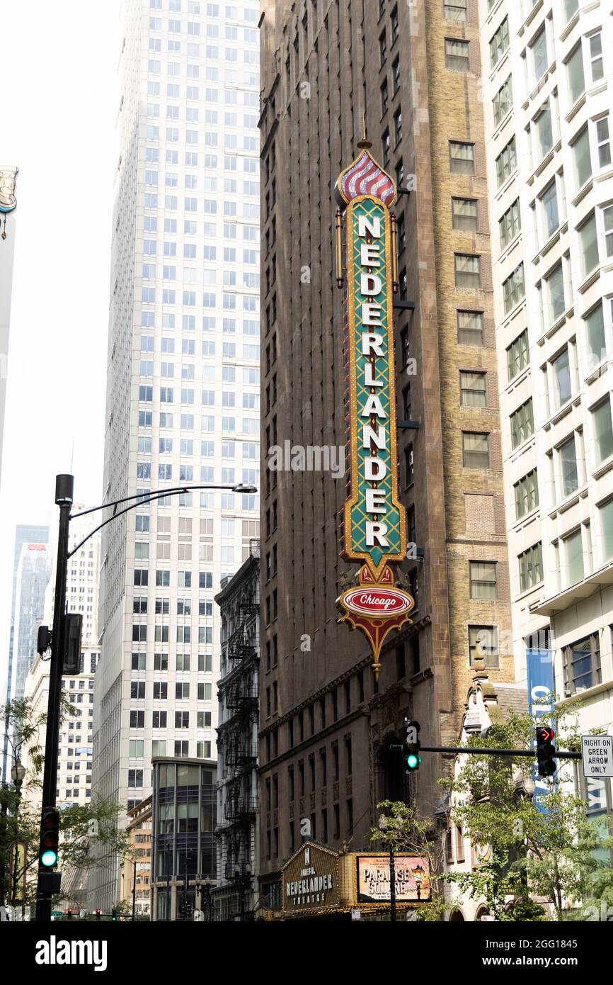 The sign outside the James M. Nederlander Theater on Randolph Street in downtown Chicago, Illinois, USA. Stock Photo