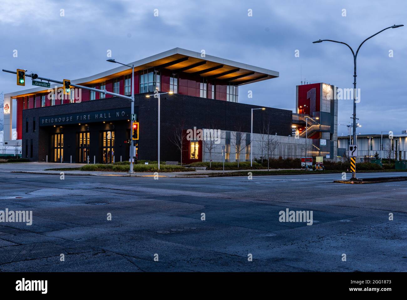 RICHMOND, CANADA - DECEMBER 06, 2020: Brighouse Fire Hall building during twilight. Stock Photo