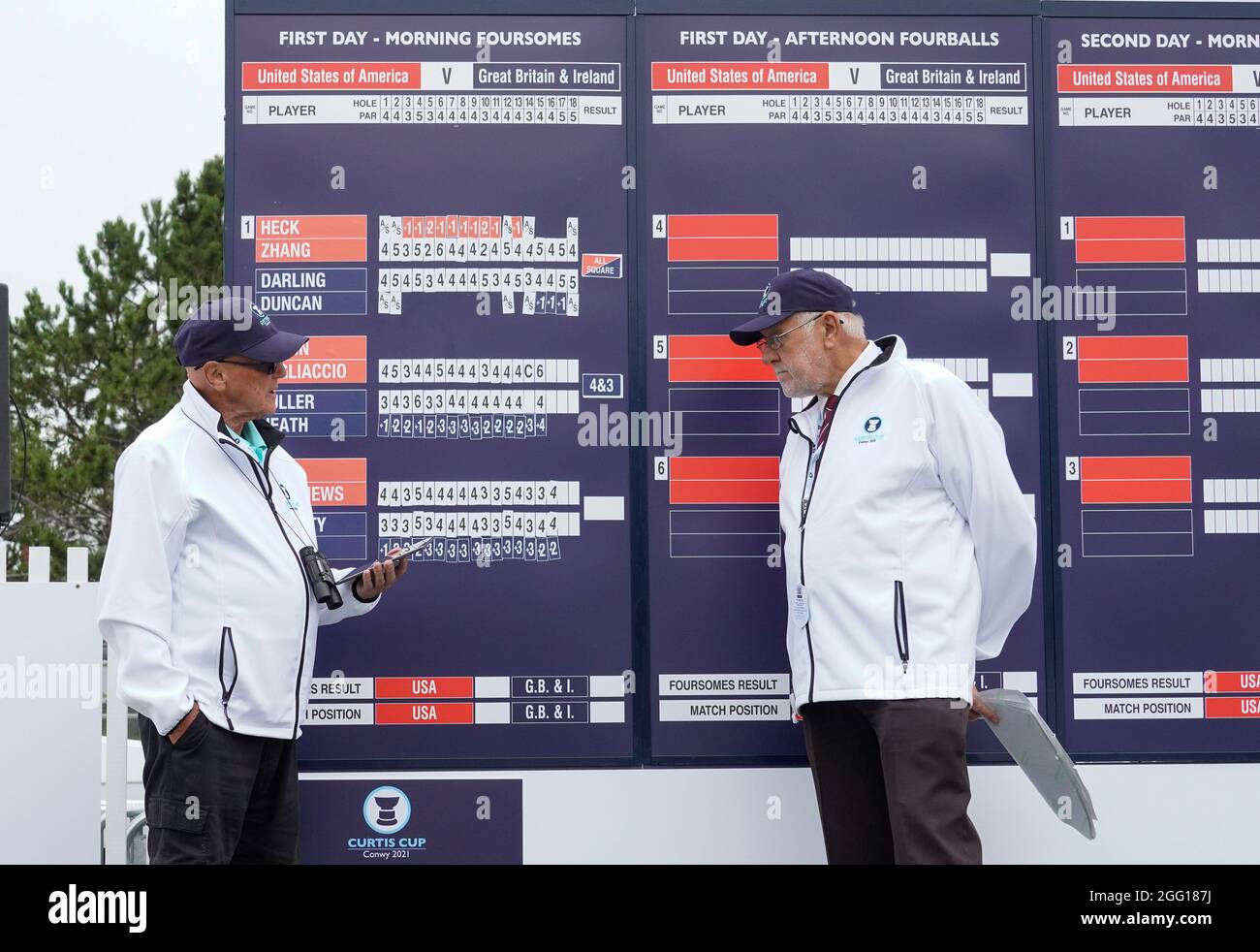 Scorers working on the main scoreboard during the 2021 Curtis Cup Day 1 - Morning Foursomes at Conwy Golf Club, Conwy, Wales on 26/8/21 . (Steve Flynn Stock Photo