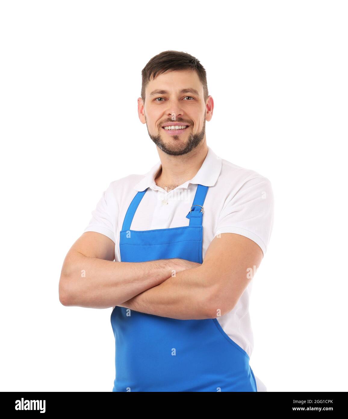 Handsome man in blue apron isolated on white background Stock Photo Alamy