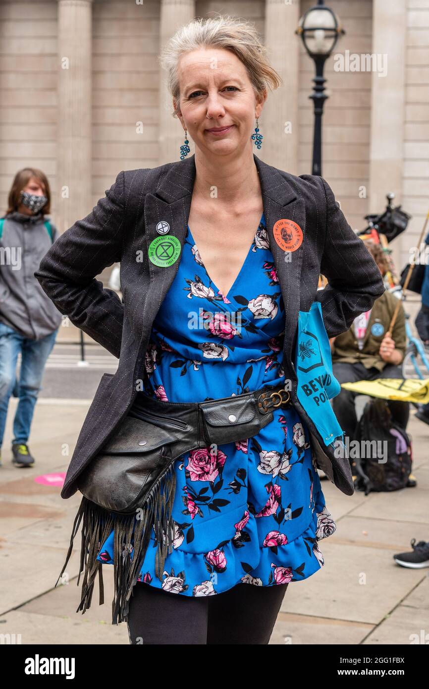 London, UK. 27th Aug, 2021. Gail Bradbrook the British environmental activist, a co-founder of the environmental social movement Extinction Rebellion seen at the Blood Money march by Decolonise the Economy claiming the City of London was built on Blood Money. Credit: SOPA Images Limited/Alamy Live News Stock Photo