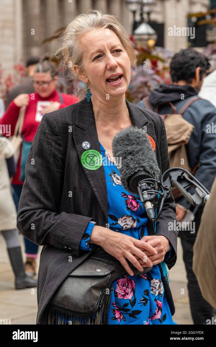 London, UK. 27th Aug, 2021. Gail Bradbrook the British environmental activist, a co-founder of the environmental social movement Extinction Rebellion speaks at the Blood Money march by Decolonise the Economy claiming the City of London was built on Blood Money. Credit: SOPA Images Limited/Alamy Live News Stock Photo