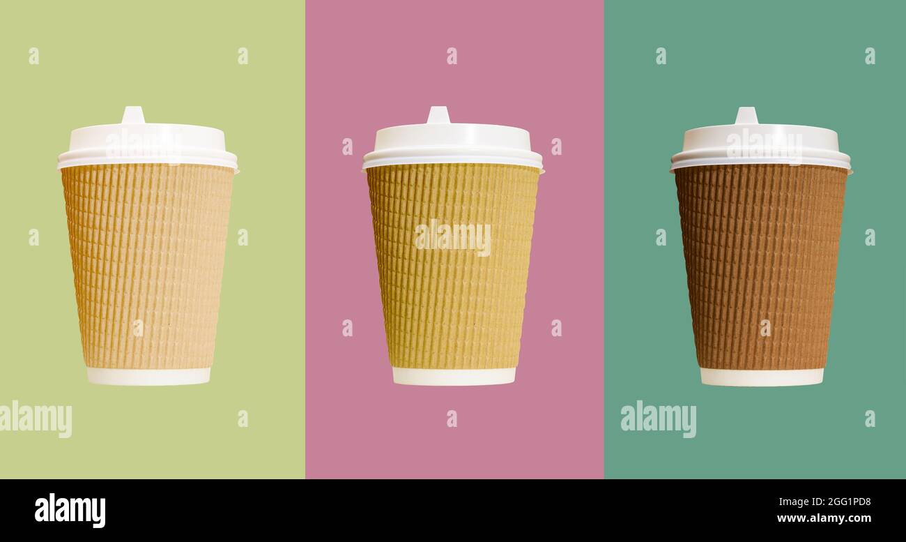 Three paper coffee cups with white lid isolated on colorful backgrounds