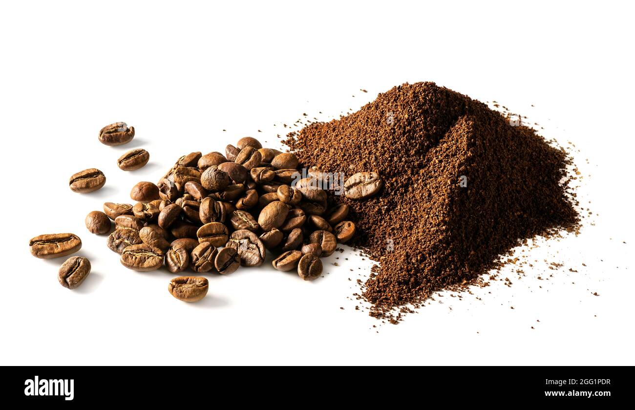 Ground coffee and coffee beans isolated on white background. High