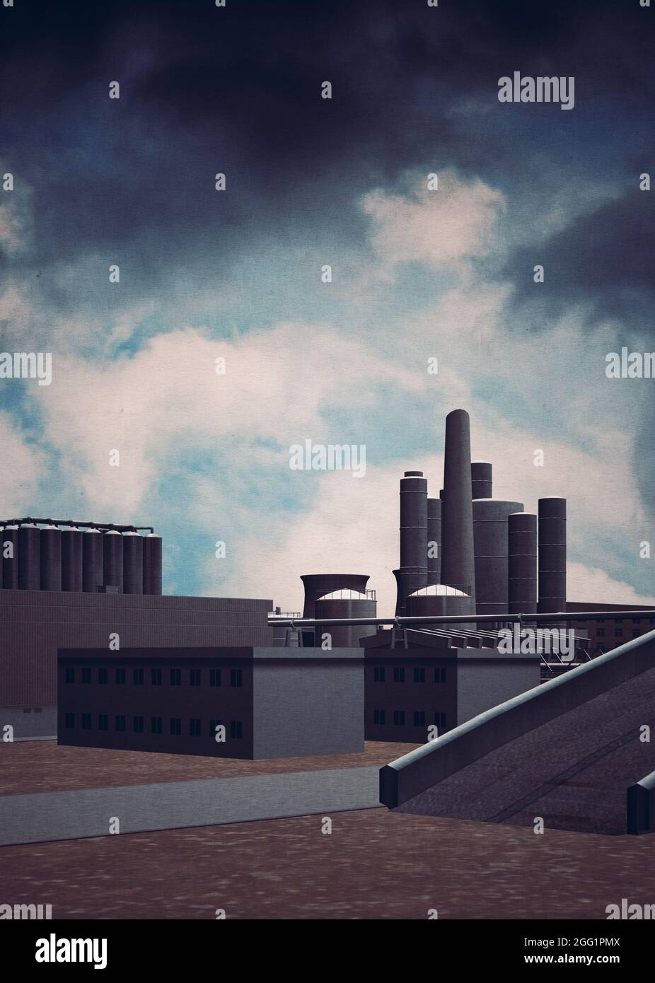 Digitally rendered 3D industrial zone buildings and dramatic sky