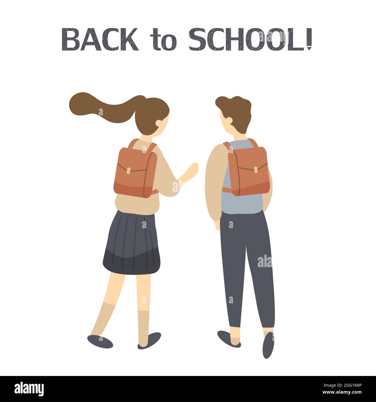 Two classmates, classfellows or friends walk to school and talk or chat.Pair of girl and boy or students or pupils with schoolbags dressed in uniform Stock Photo