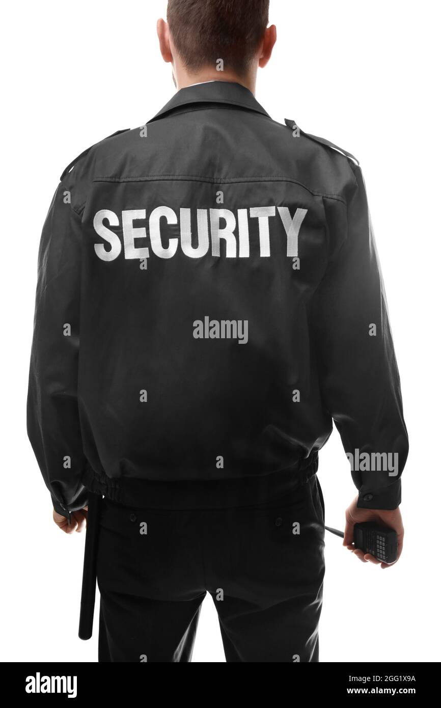 Back of male security guard on white background Stock Photo - Alamy