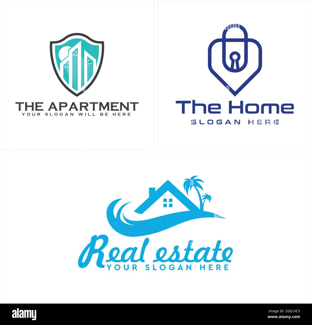 Real estate with shield home building icon line vector logo Stock Vector