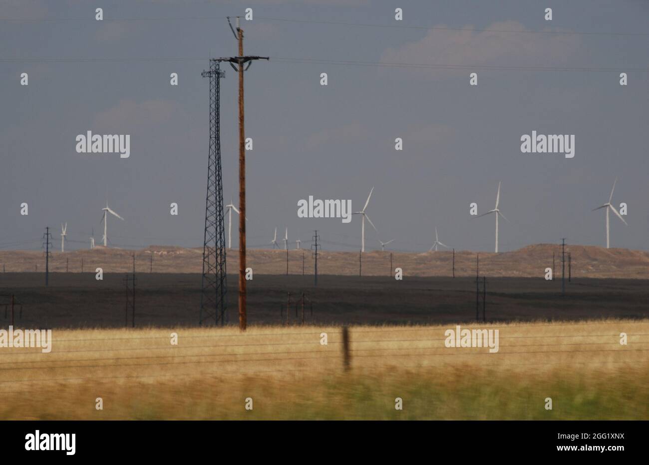 Clean energy generation of a wind farm in Wyoming finds a niche in the coal and oil state of Wyoming. Stock Photo