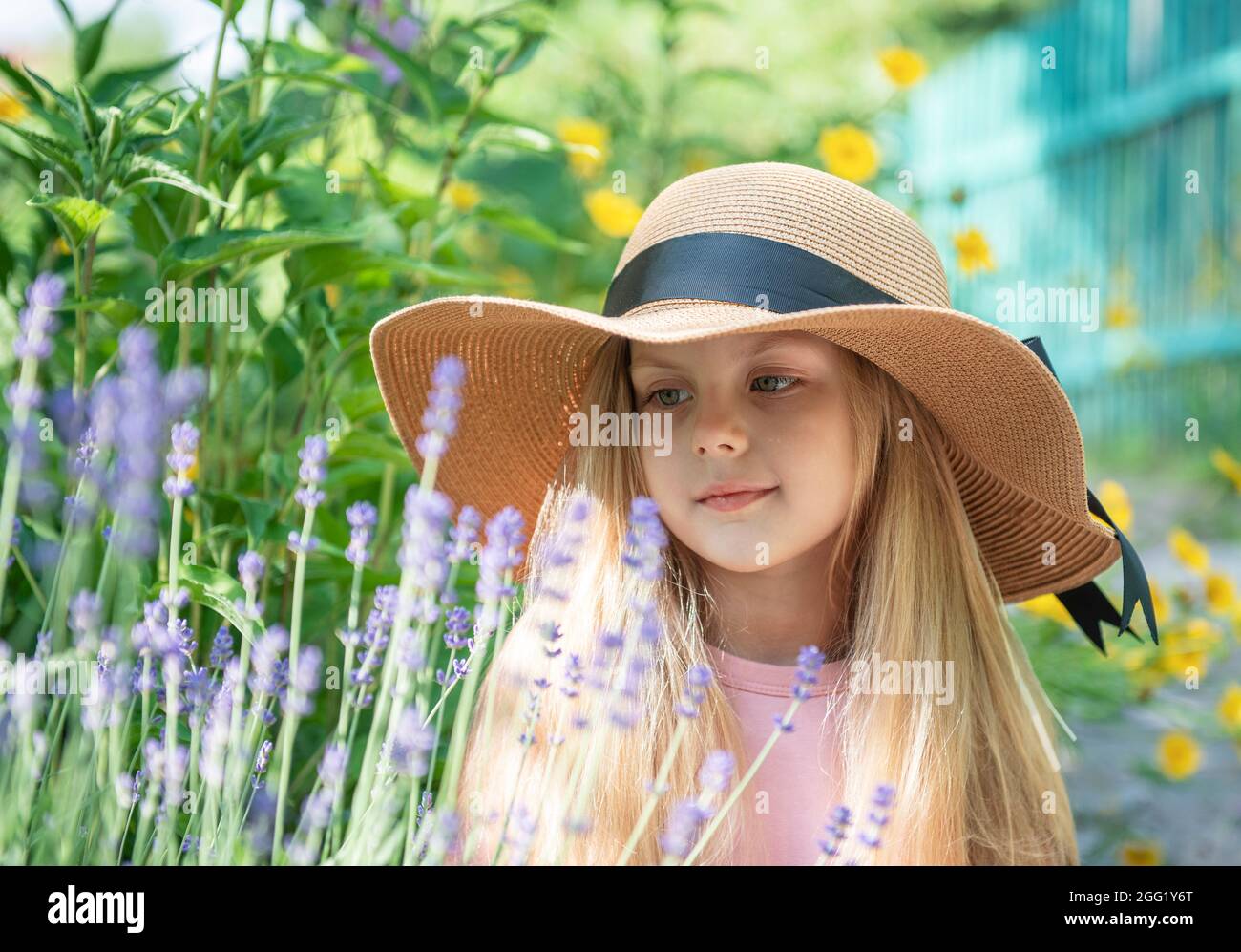Little girl in a straw hat surrounded by lavender flowers. Portrait of ...