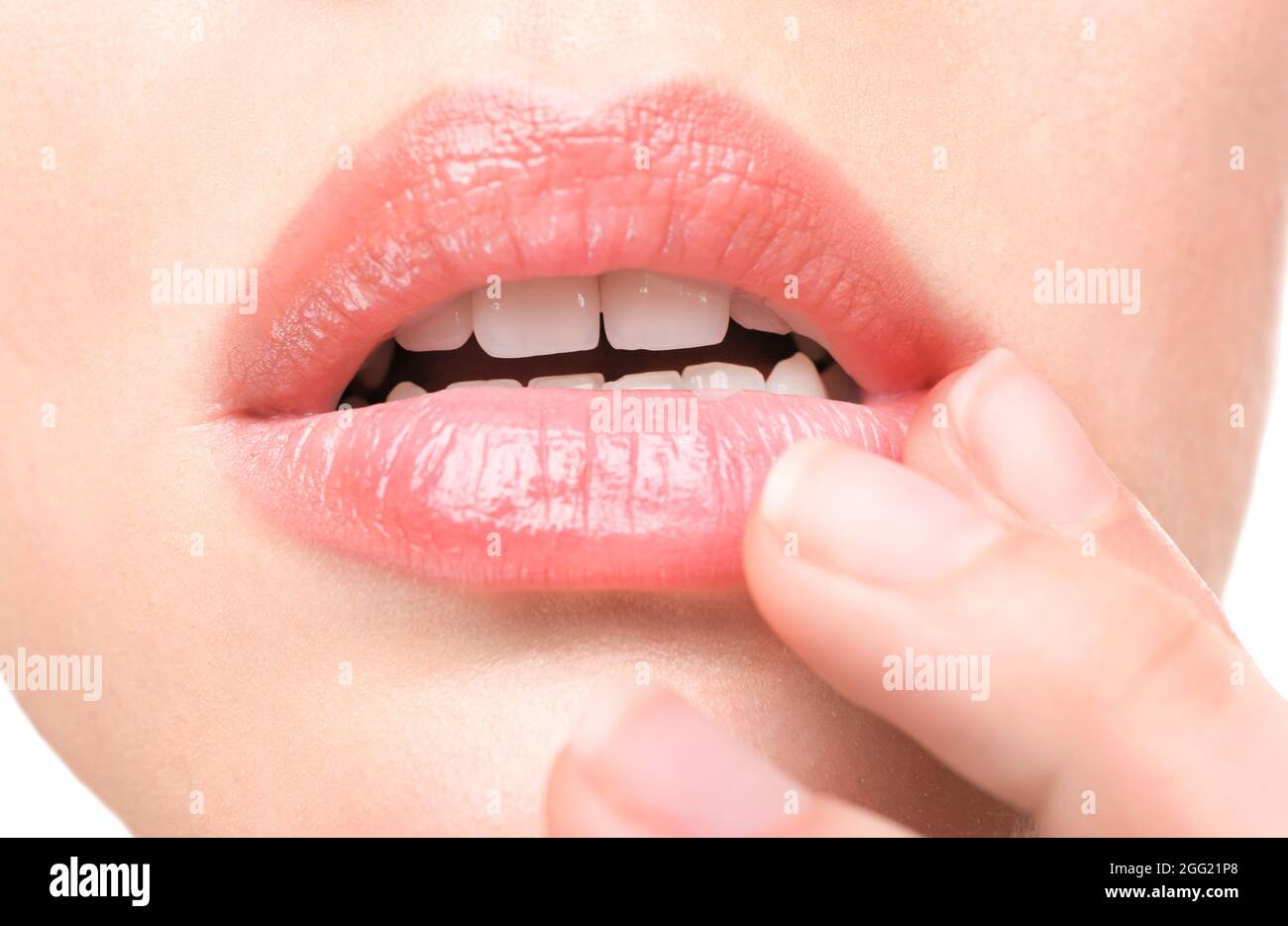 Woman with cold sore touching lips, closeup Stock Photo Alamy