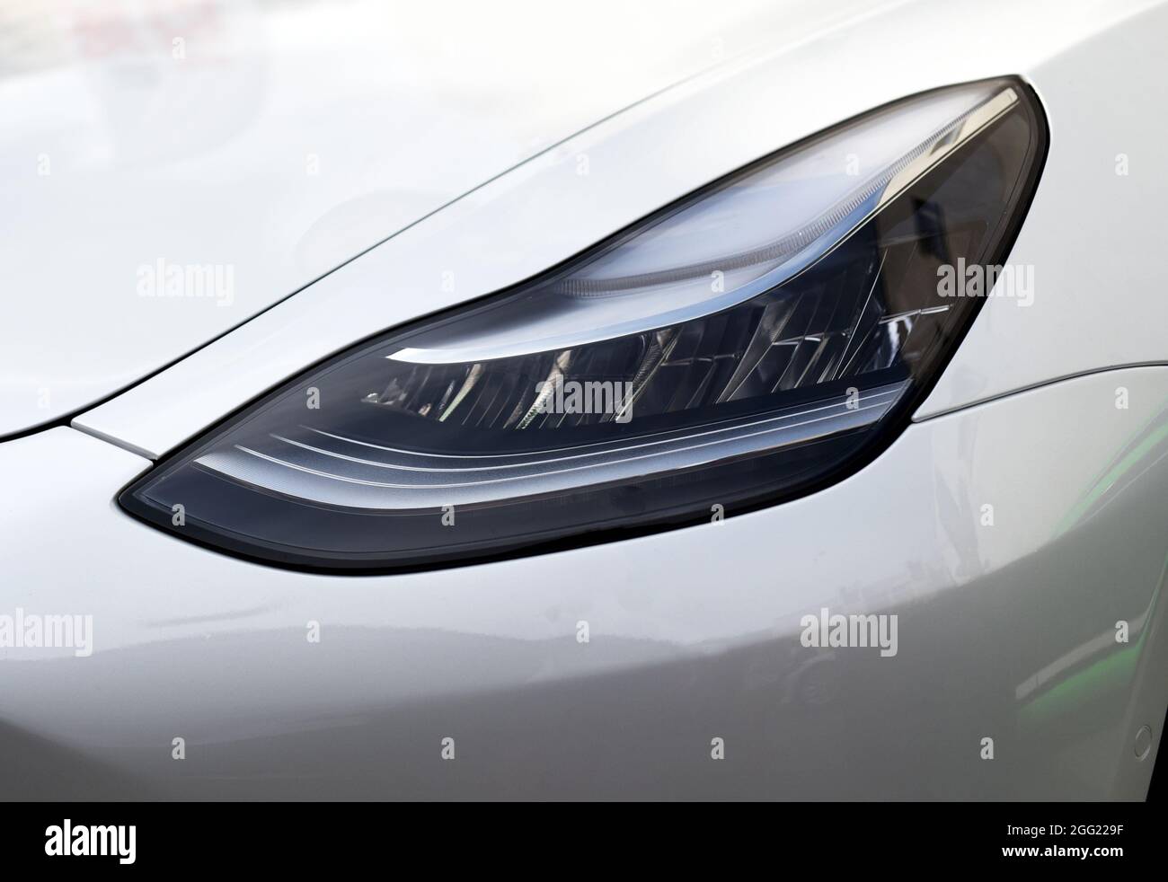 Headlight. LED headlamp of a modern car. Frontal lighting of highway