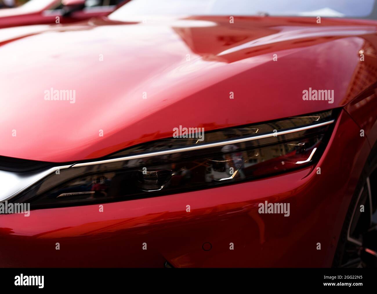 Headlight. LED headlamp of a modern car. Frontal lighting of highway