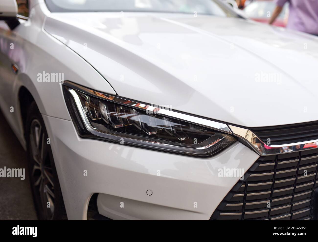 Headlight. LED headlamp of a modern car. Frontal lighting of highway