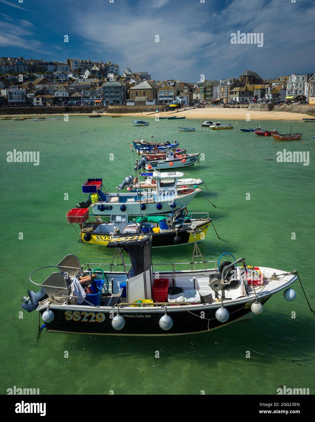 St. Ives Harbour Beach Cornwall A Line Of Boats Floating On Beautiful
