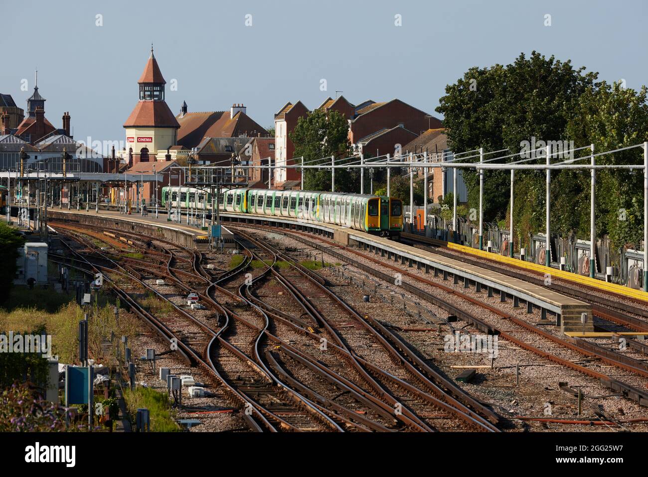 Bognor Regis railway station with tracks and trains during the day in