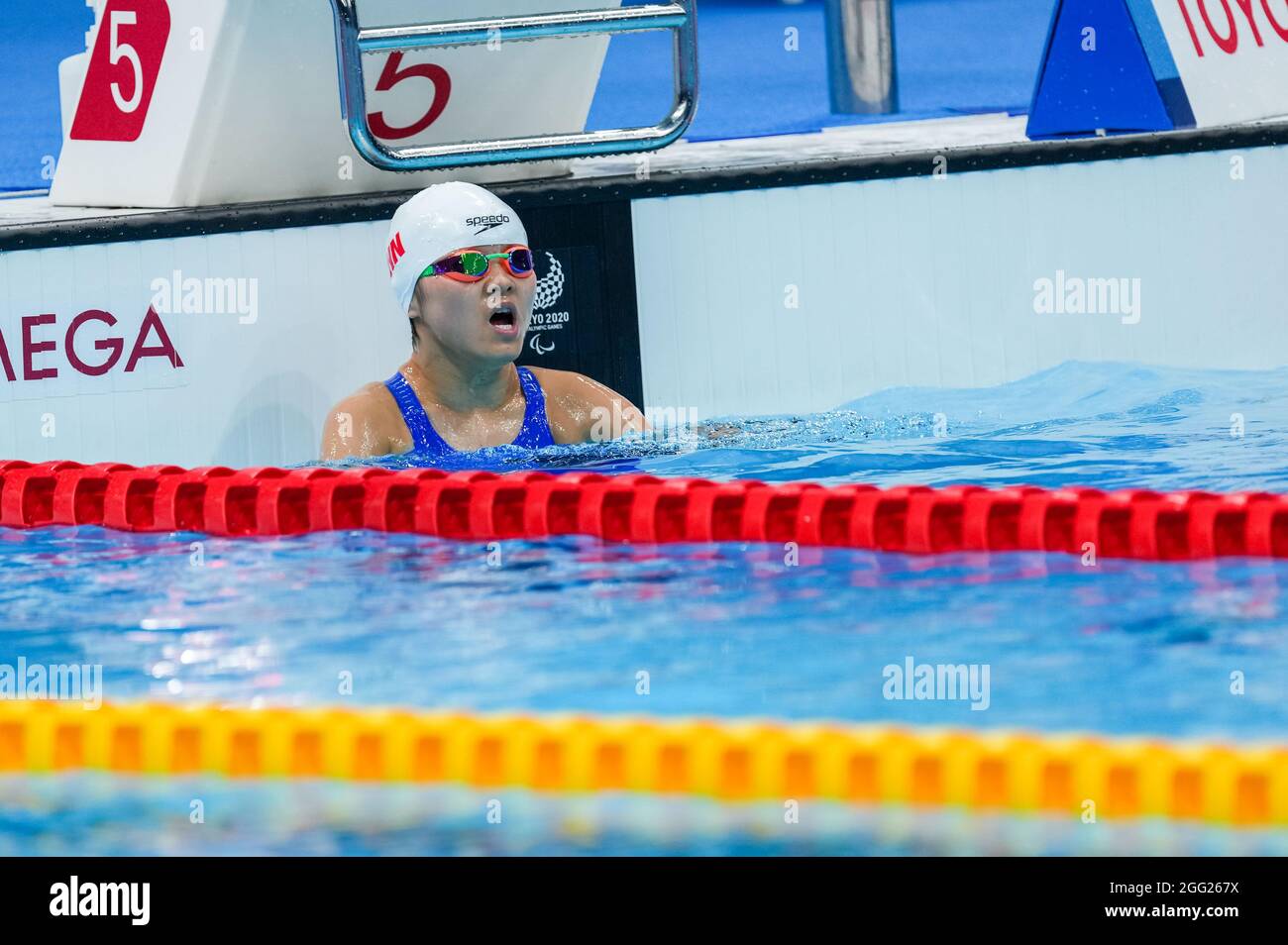 Tokyo, Japan. 28th Aug, 2021. Liu Daomin of China reacts after the women's 100m breaststroke SB6 final of swimming event at the Tokyo 2020 Paralympic Games in Tokyo, Japan, Aug. 28, 2021. Credit: Zhu Wei/Xinhua/Alamy Live News Stock Photo
