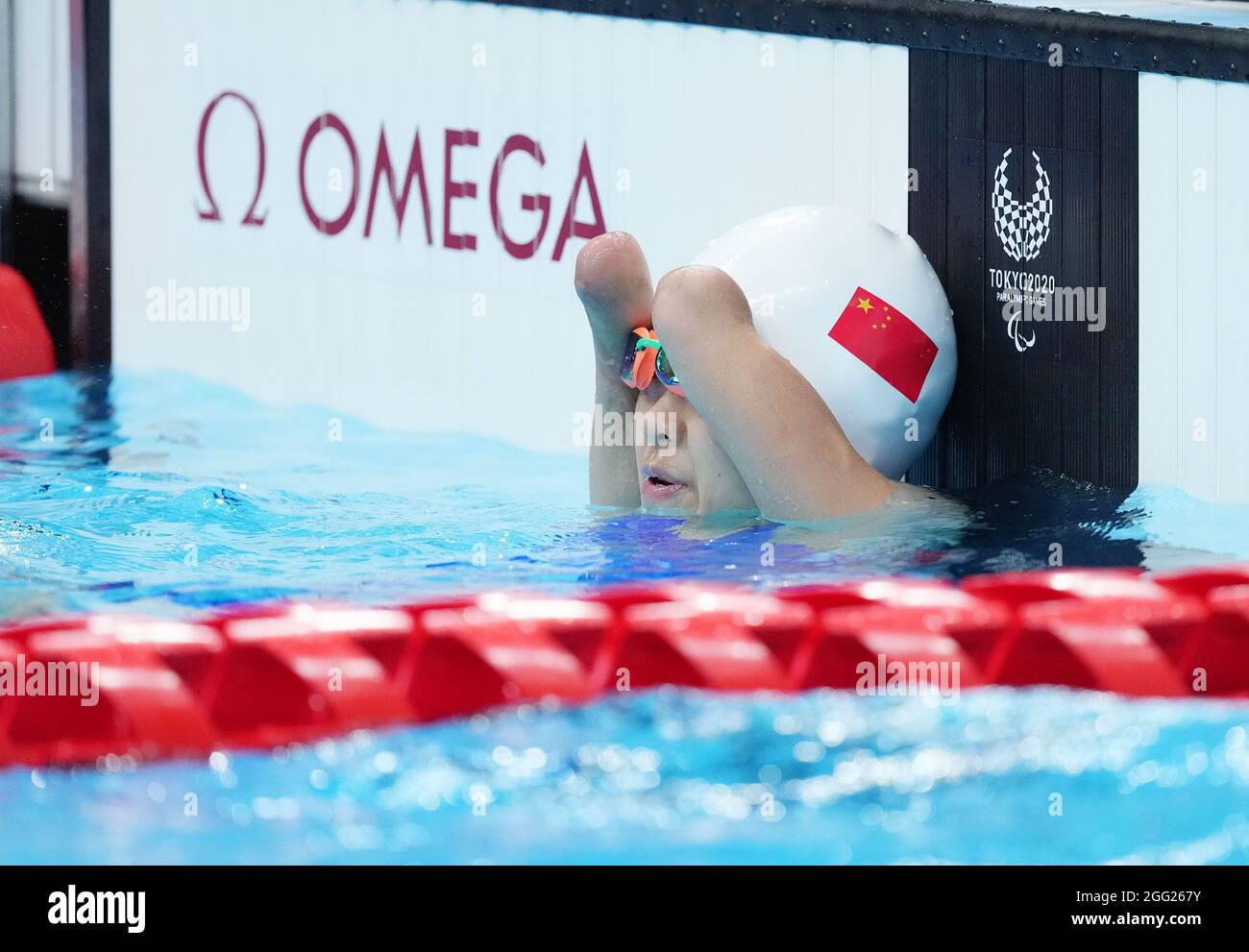 Tokyo, Japan. 28th Aug, 2021. Liu Daomin of China reacts after the women's 100m breaststroke SB6 final of swimming event at the Tokyo 2020 Paralympic Games in Tokyo, Japan, Aug. 28, 2021. Credit: Cai Yang/Xinhua/Alamy Live News Stock Photo