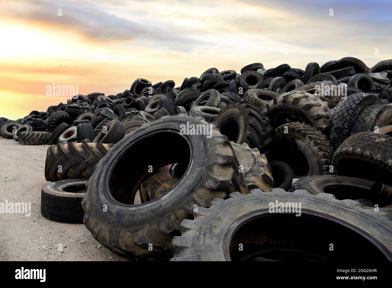 Landfill with old tires and tyres for recycling. Reuse of the waste