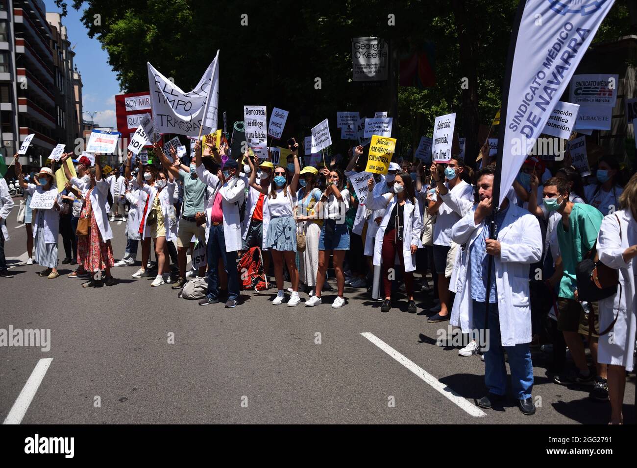 Demonstration of medical workers, protesting against incompetent management policy by the ministry of health. Spain, Madrid in June 2021. Stock Photo