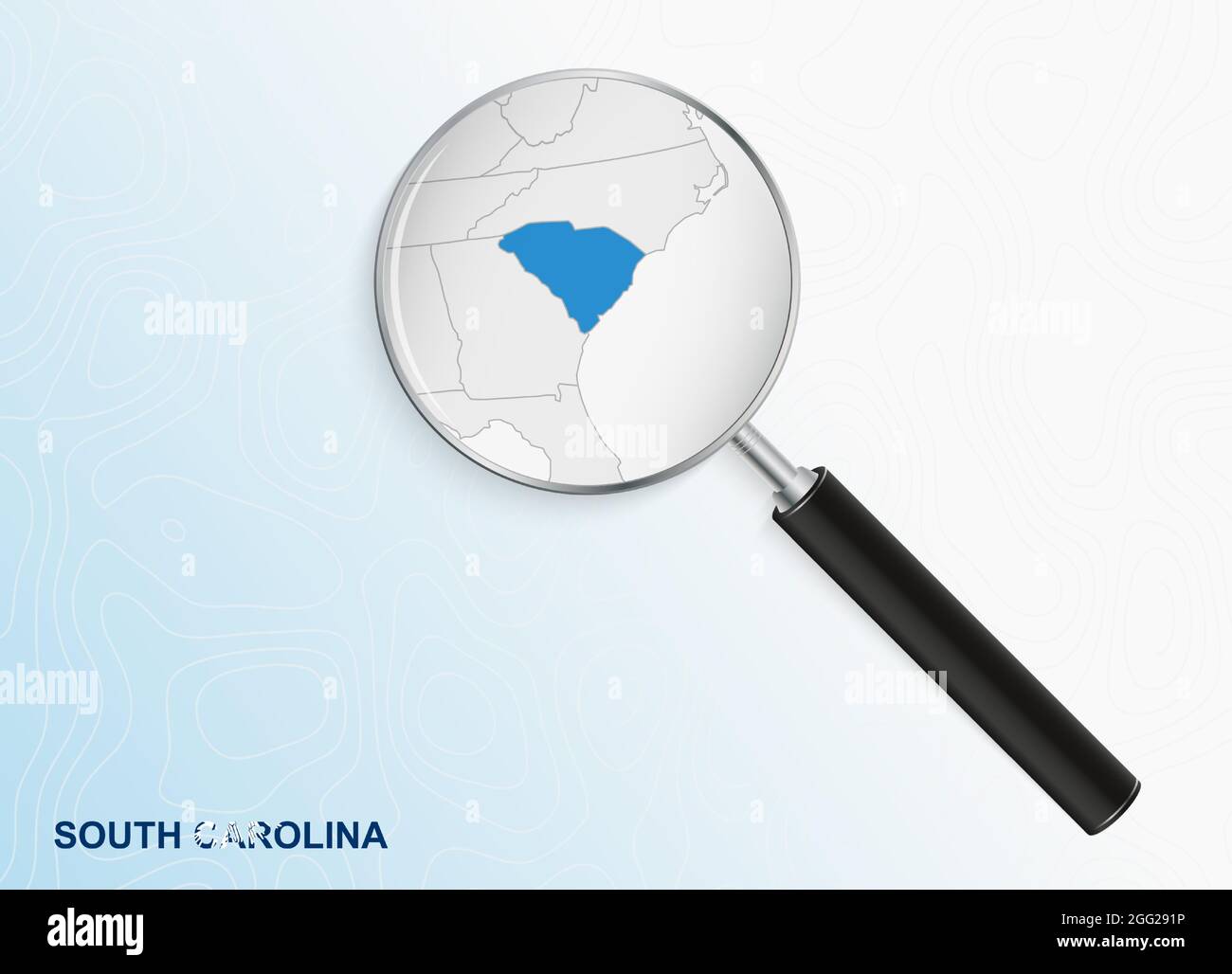 Magnifier with map of South Carolina on abstract topographic background