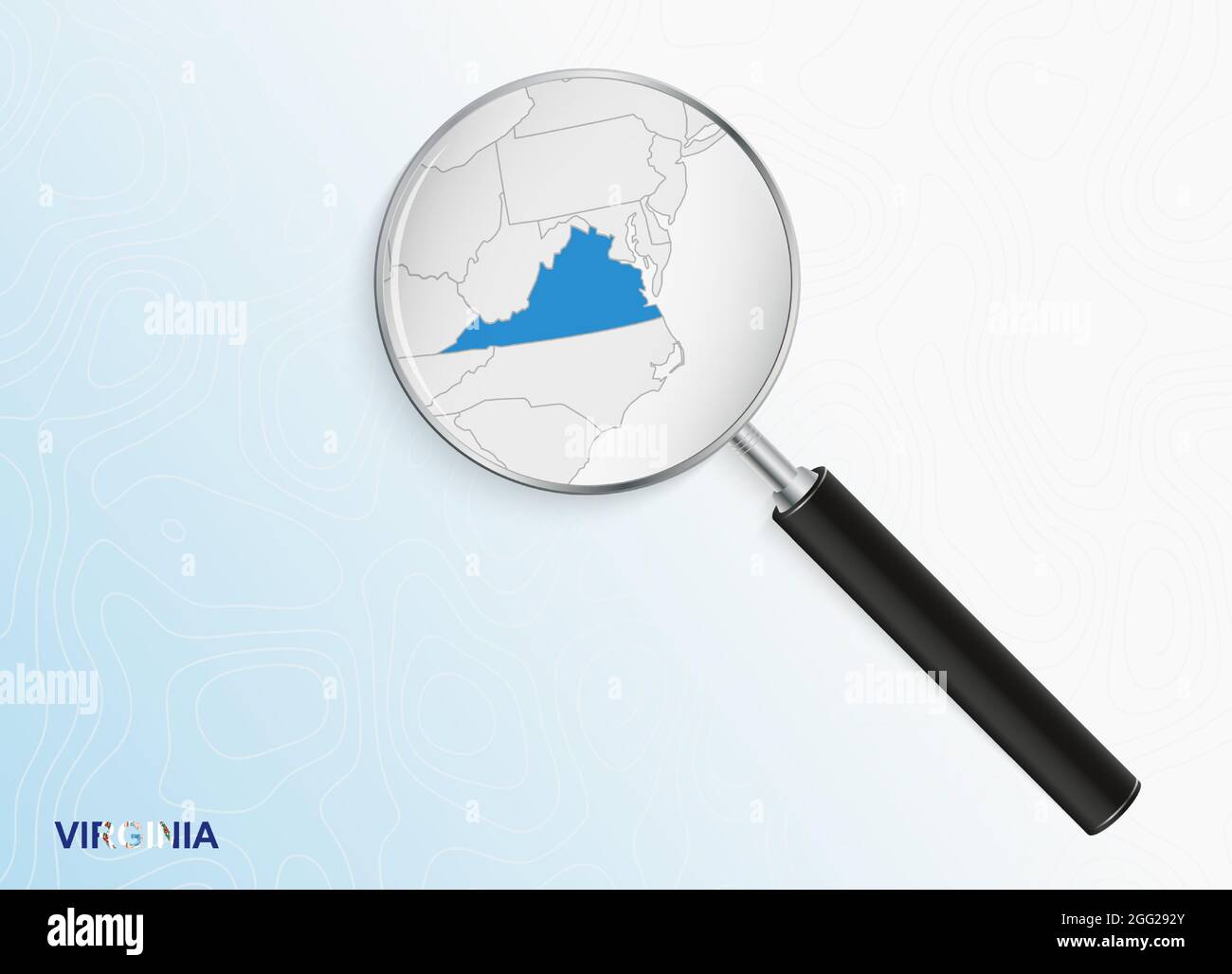 Magnifier with map of Virginia on abstract topographic background. Vector map. Stock Vector