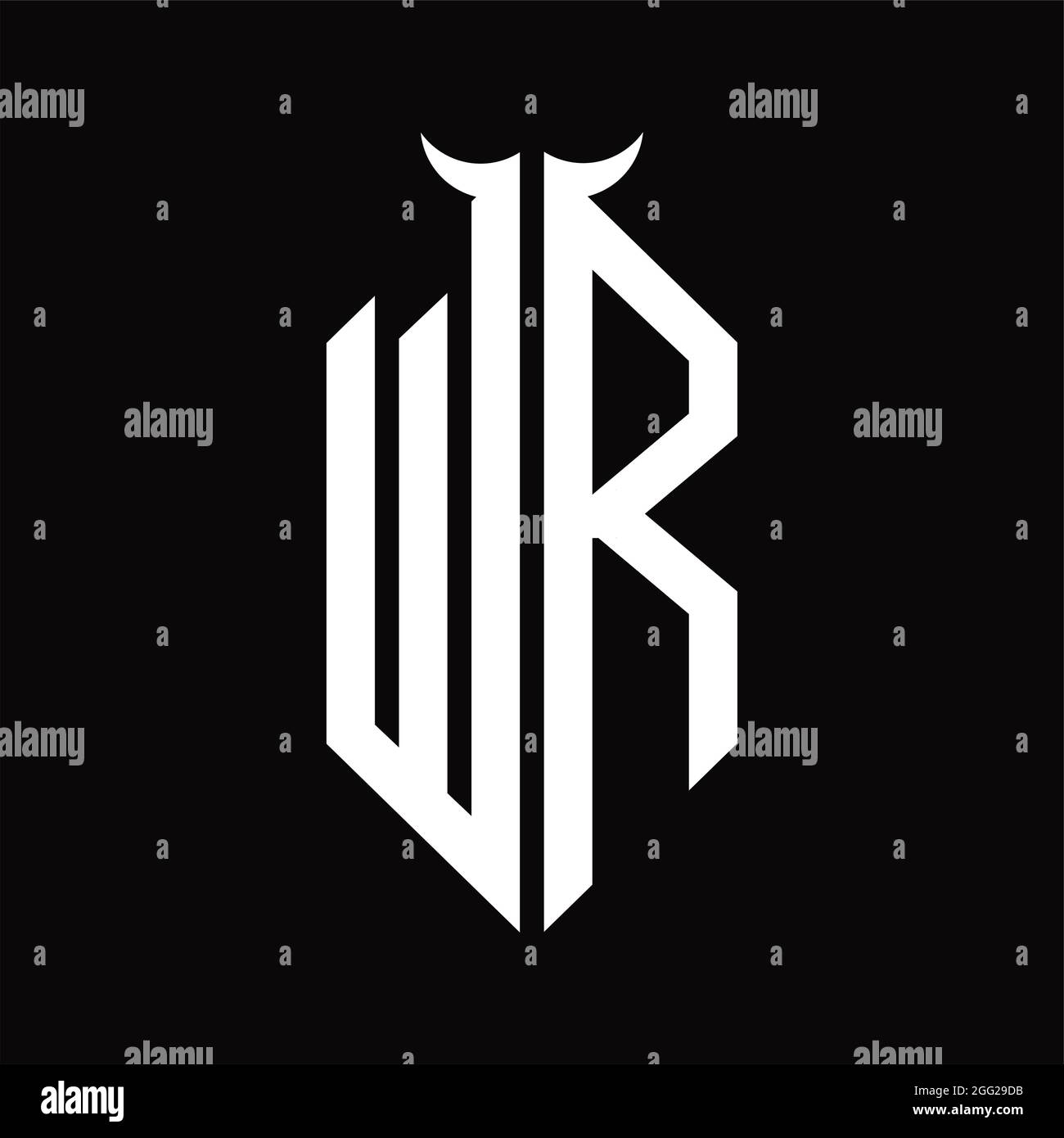 WR Logo monogram with horn shape isolated black and white design template on black background Stock Vector