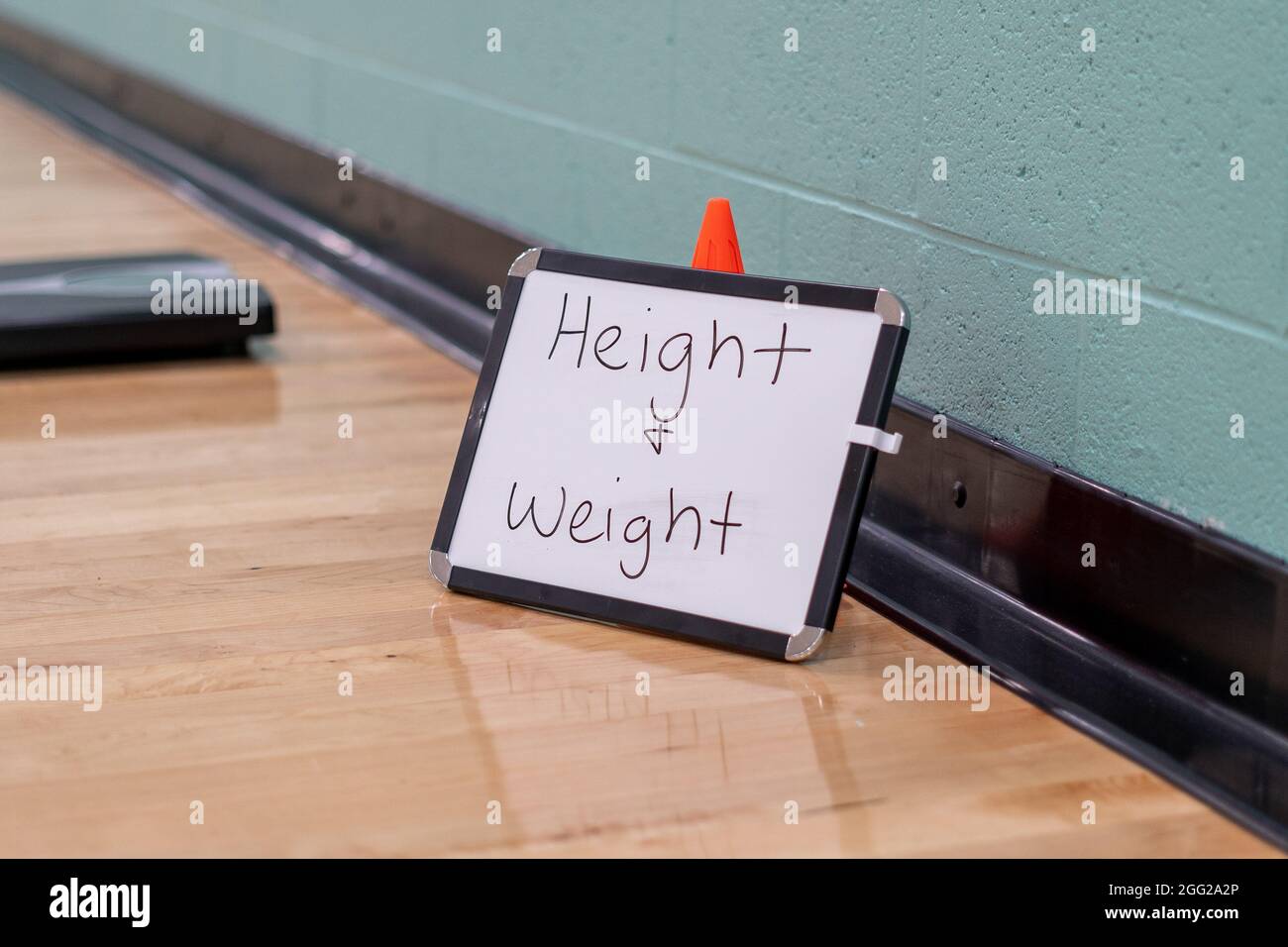 Selective of a whiteboard inviting to measure the height and weight in