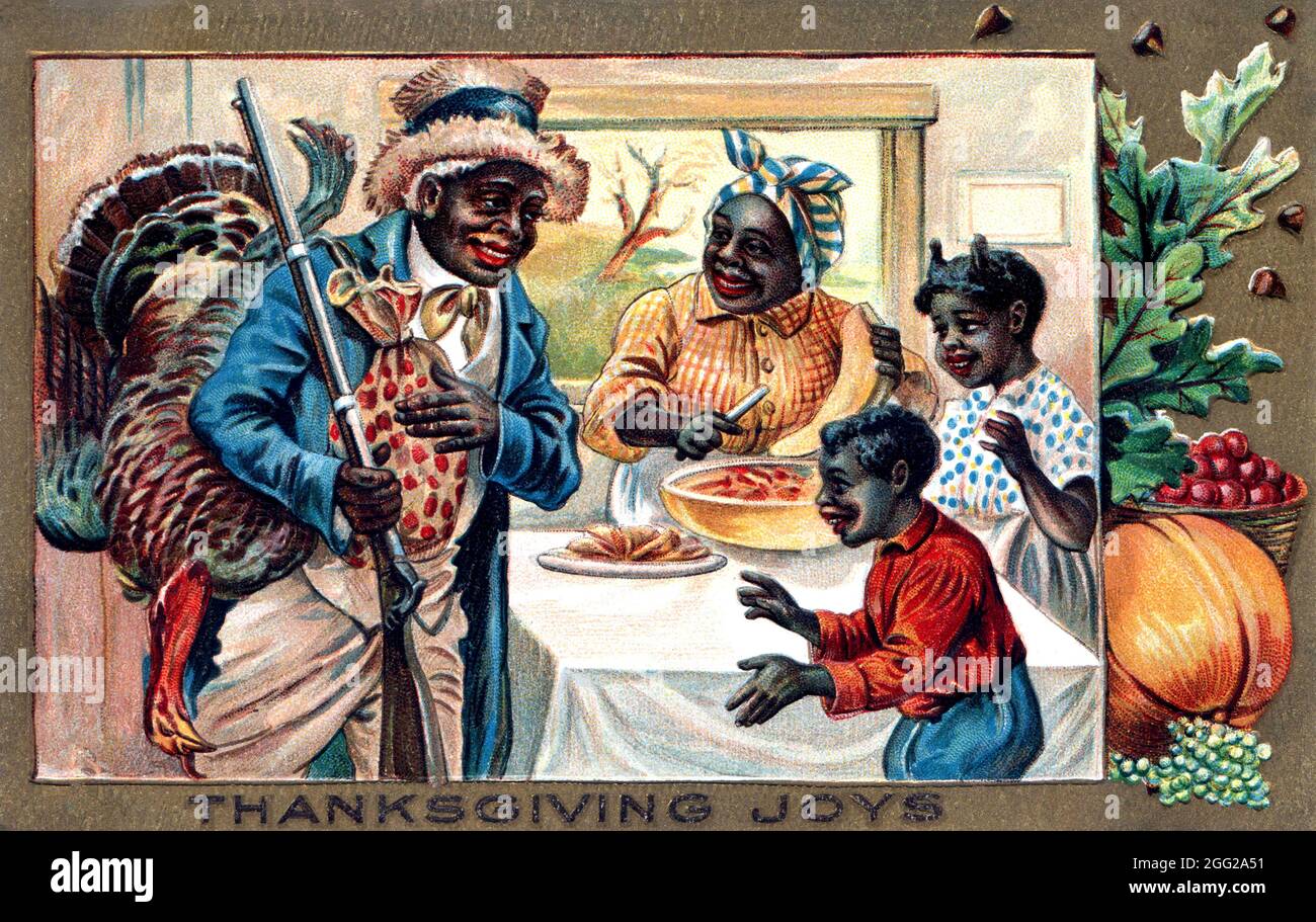 Illustration of a black American family with a turkey on a vintage