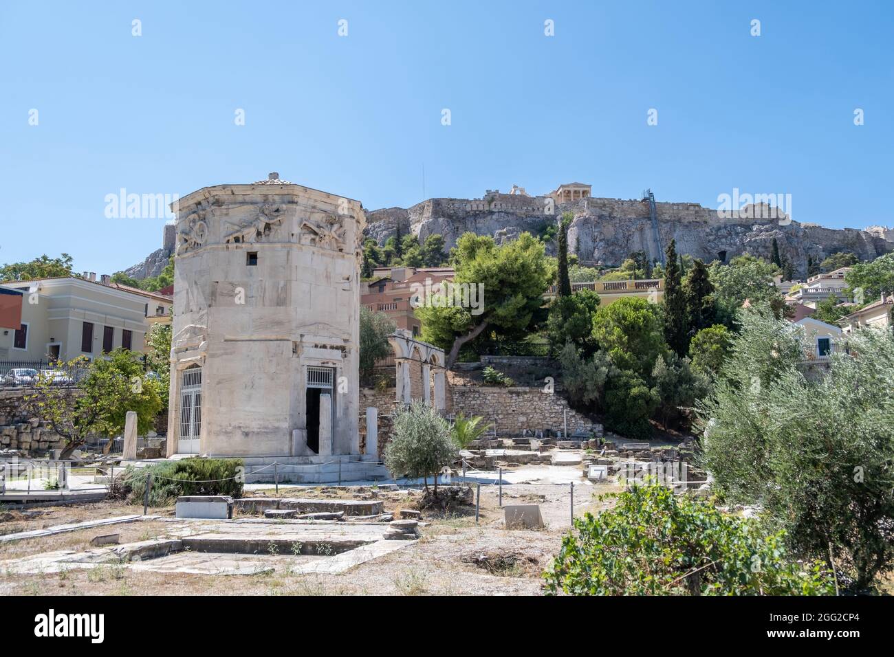 Athens, Greece. Tower of Winds or Aerides on Roman Agora, Famous tourist attraction, Ancient Greek ruins in the city center, Plaka district. Sunny day Stock Photo