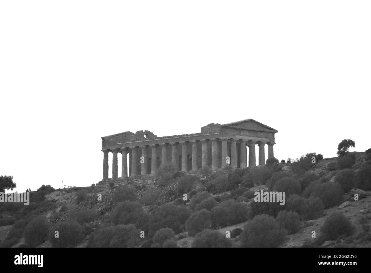 View of the temple of Concordia at dawn in black and white, Valle dei Templi, Agrigent, Sicily, Italy Stock Photo
