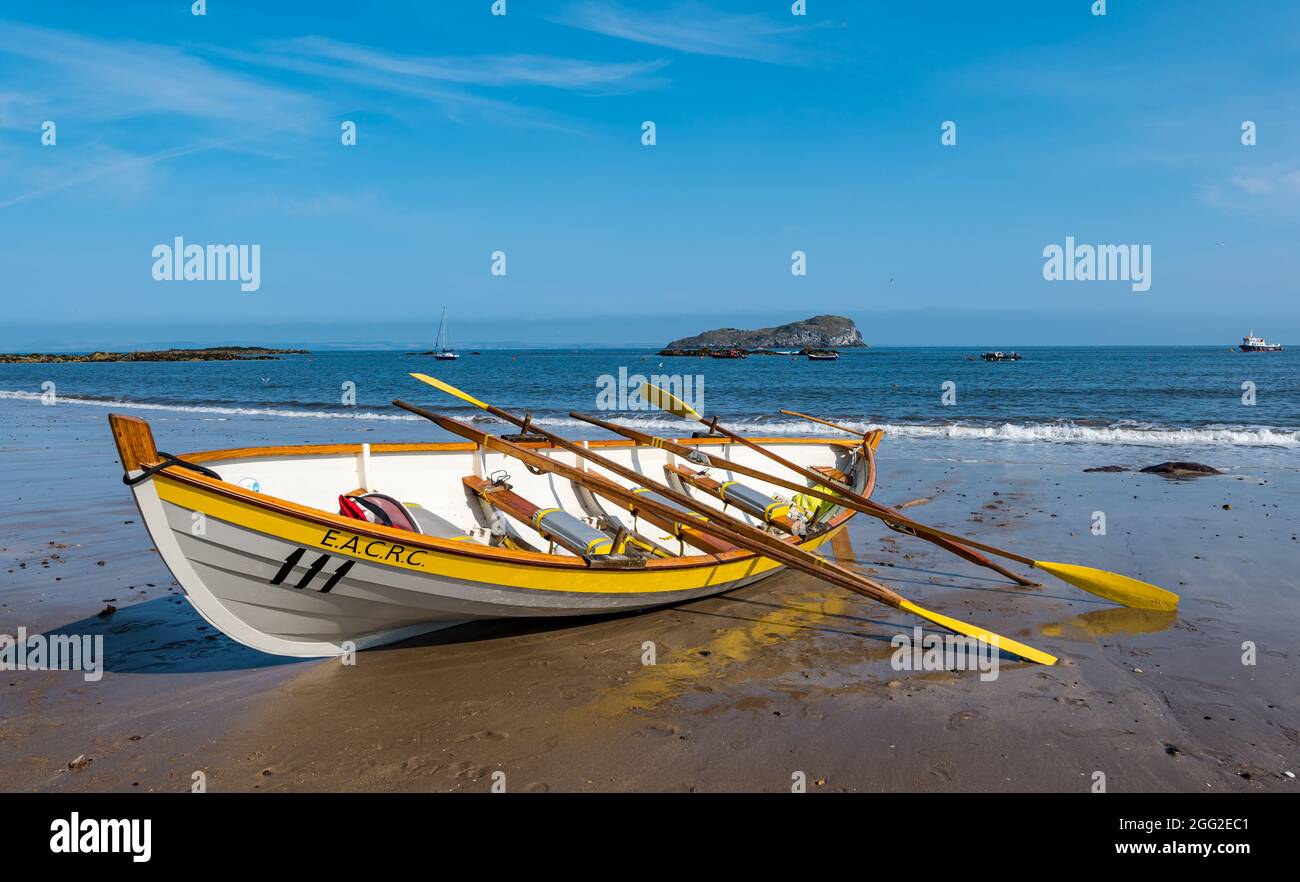 North Berwick, East Lothian, Scotland, UK, 28th August 2021. Coastal Rowing Regatta: The annual event, cancelled last year, takes place this year in a reduced form with only seven clubs from the South part of the Firth of Forth   participating. Pictured: skiffs in West Bay Stock Photo