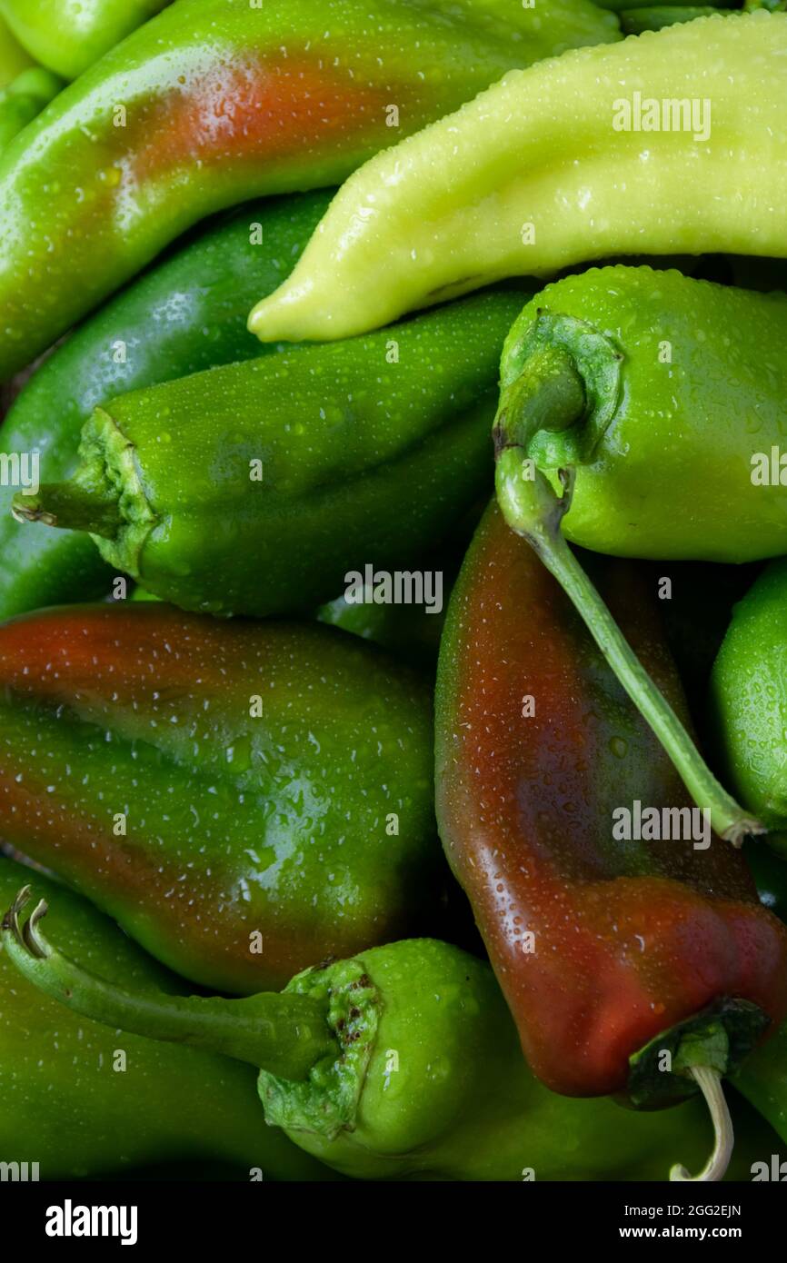 Close up of raw peppers, food backdrop. Vegetable nutrition ingredients Stock Photo