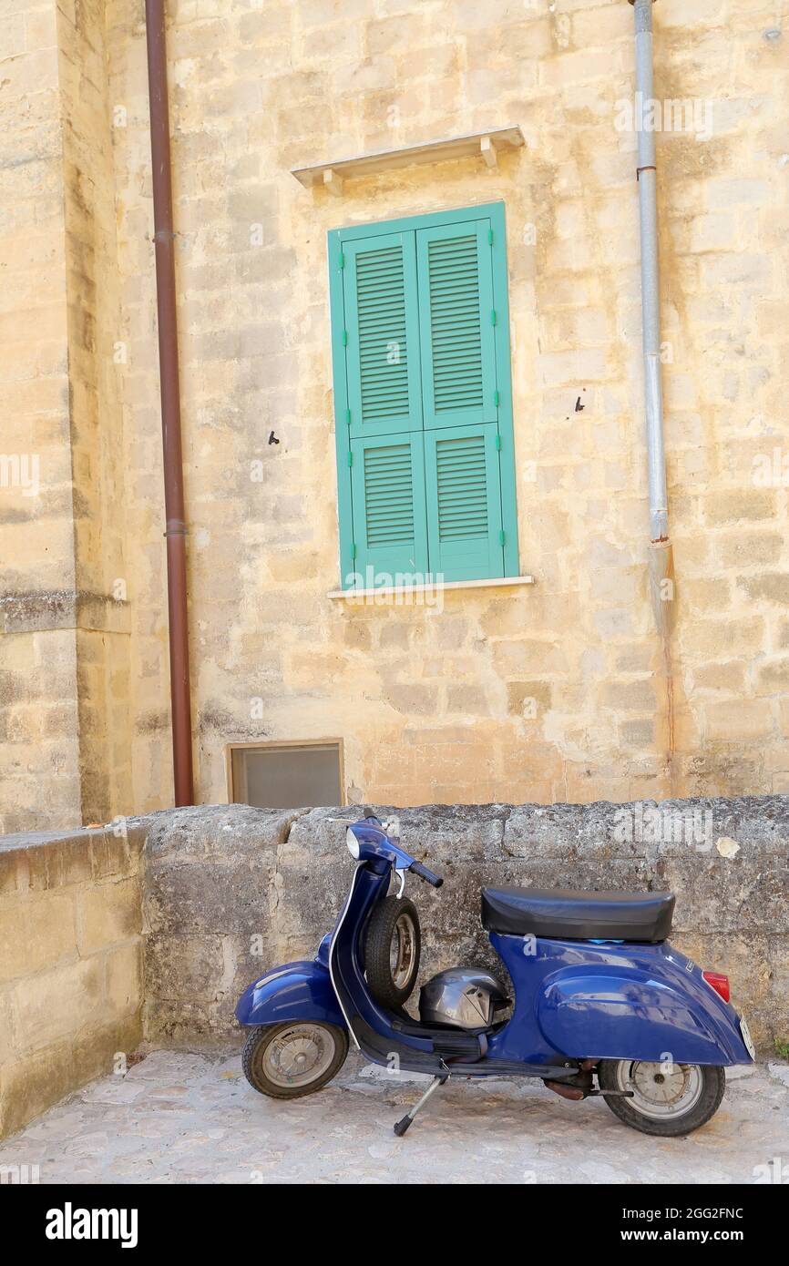 Matera, Italy - August 17, 2020: classic Vespa is one of the products of the industrial design world's most famous and most often used as a symbol of Stock Photo