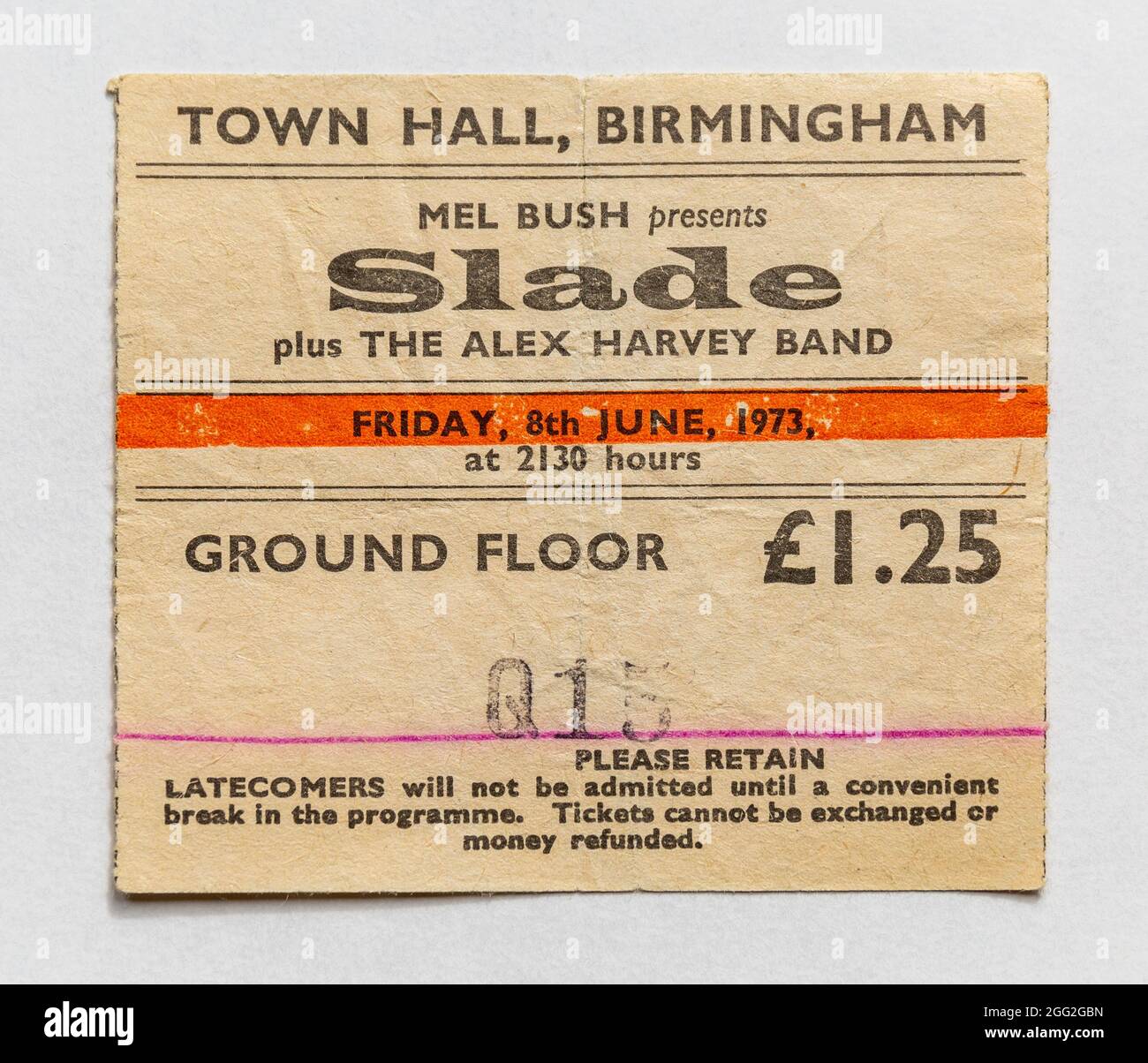 A 1970s ticket stub for 'Slade' at the Birmingham Town Hall, England Stock Photo